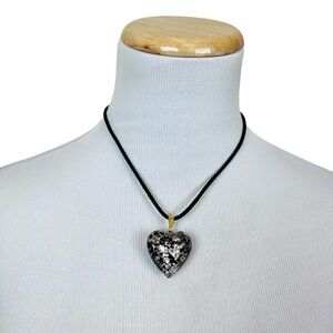 Glass Heart Pendant Necklace Gold Silver Black Art Deco Jewelry
